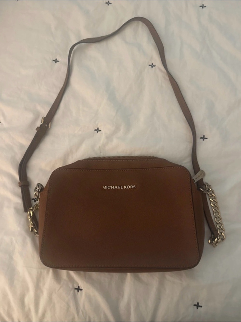 Michael Kors Chestnut Brown Leather Crossbody with Gold Chain
